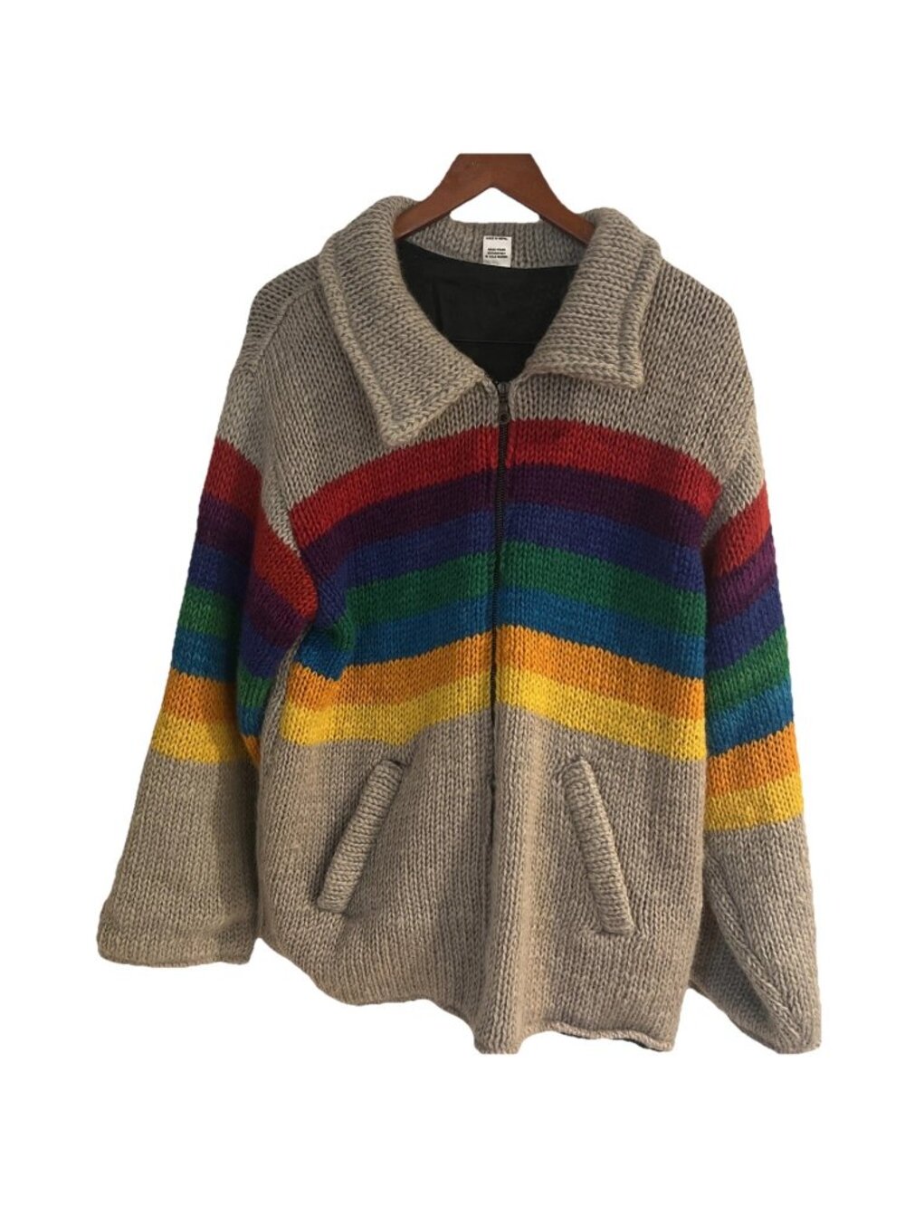 Rainbow Handmade Chunky Wool Sweater Unisex Sz L Nepal Full Zip Pockets Lined